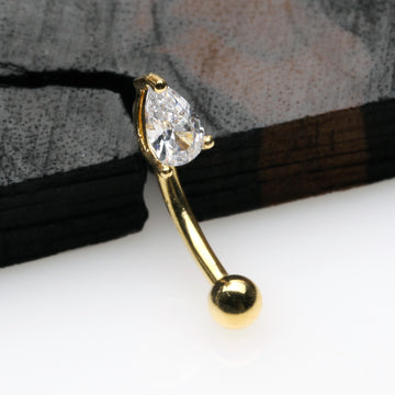 Detail View 1 of Golden Teardrop Gem Sparkle Prong Set Curved Barbell-Clear Gem